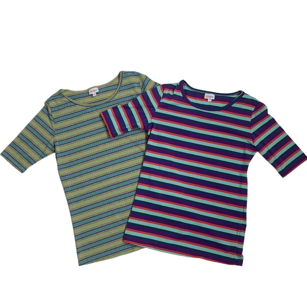 LuLaRoe Womens Striped Casual Tops Size M Cotton/Polyester Short Sleeve lot of 2